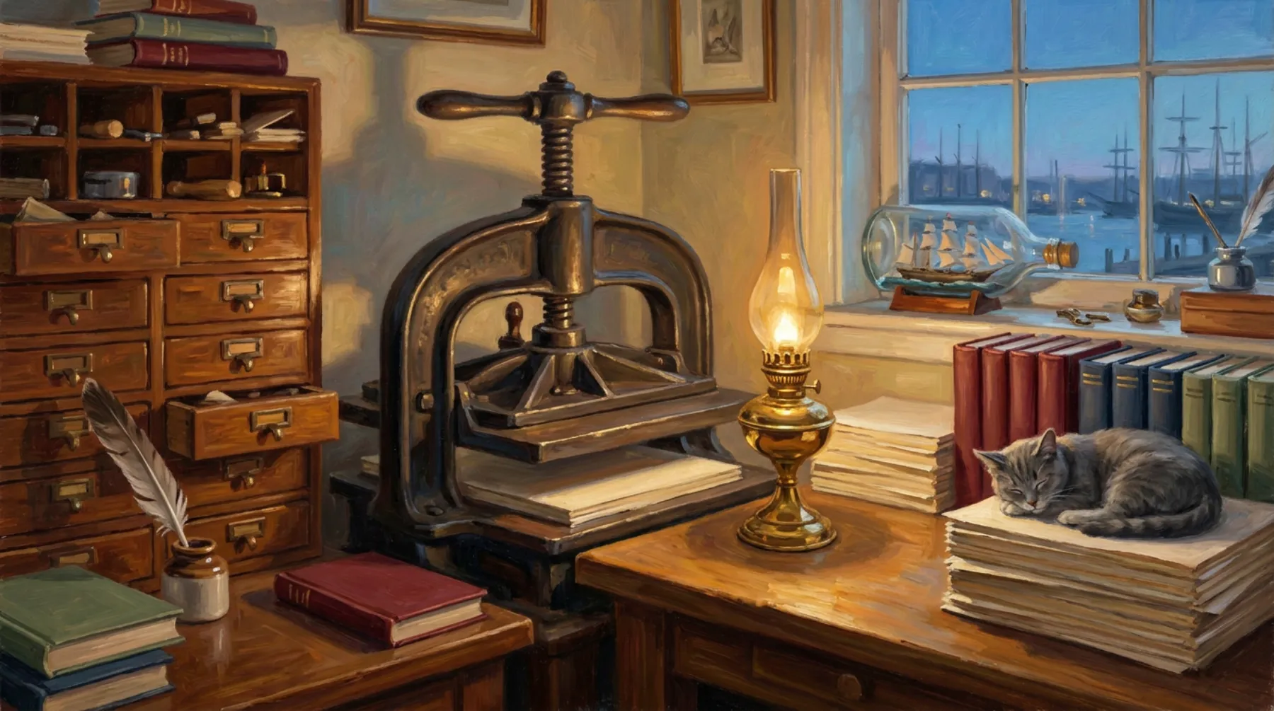 A lamp-lit print workshop at dusk: an antique iron press, a wooden cabinet of small drawers, a quill in an inkpot, a ship in a bottle on the windowsill, a harbor with tall ships beyond, and a grey cat asleep on a stack of paper.